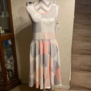 NWT Large Lularoe Nicki A line dress-white bkgrd w/grey pink check w/ polka dots